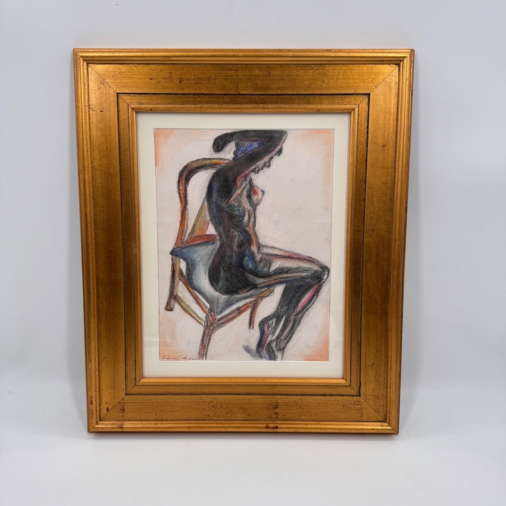 Signed Seated Nude Figure Drawing Charcoal Colored Pencil Gilt Frame